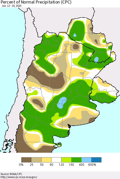 Southern South America Percent of Normal Precipitation (CPC) Thematic Map For 1/13/2020 - 1/19/2020