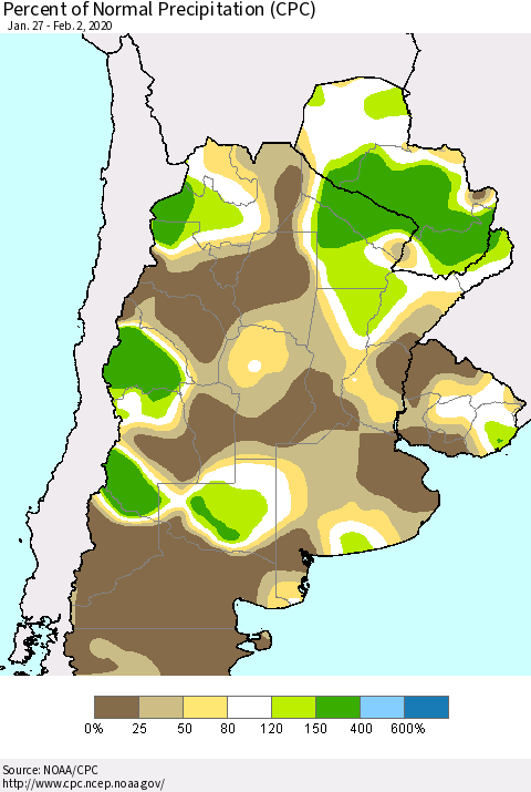 Southern South America Percent of Normal Precipitation (CPC) Thematic Map For 1/27/2020 - 2/2/2020