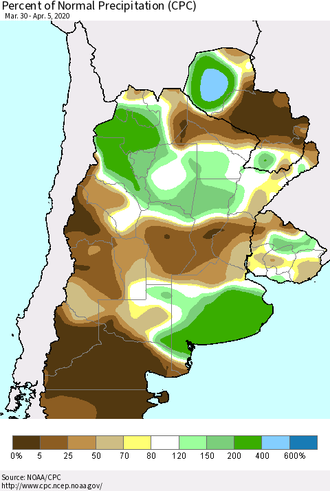 Southern South America Percent of Normal Precipitation (CPC) Thematic Map For 3/30/2020 - 4/5/2020
