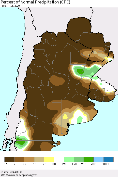Southern South America Percent of Normal Precipitation (CPC) Thematic Map For 9/7/2020 - 9/13/2020