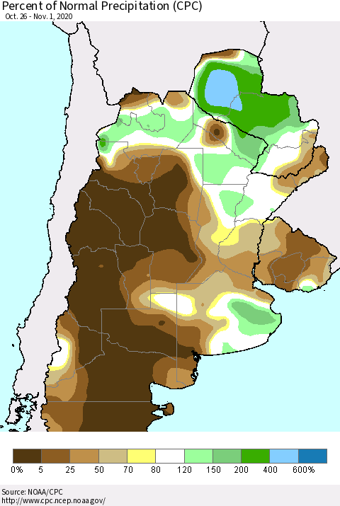 Southern South America Percent of Normal Precipitation (CPC) Thematic Map For 10/26/2020 - 11/1/2020