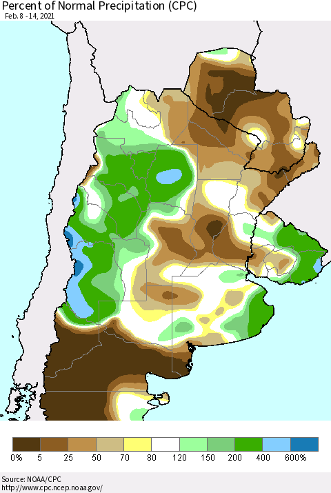 Southern South America Percent of Normal Precipitation (CPC) Thematic Map For 2/8/2021 - 2/14/2021
