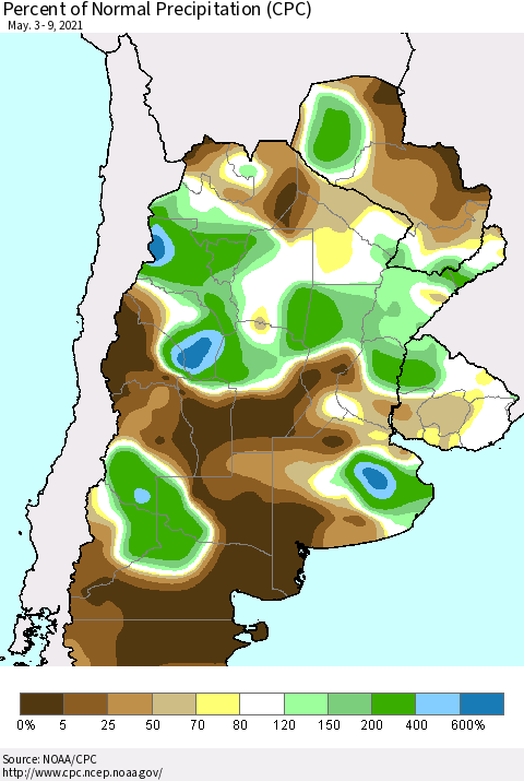 Southern South America Percent of Normal Precipitation (CPC) Thematic Map For 5/3/2021 - 5/9/2021