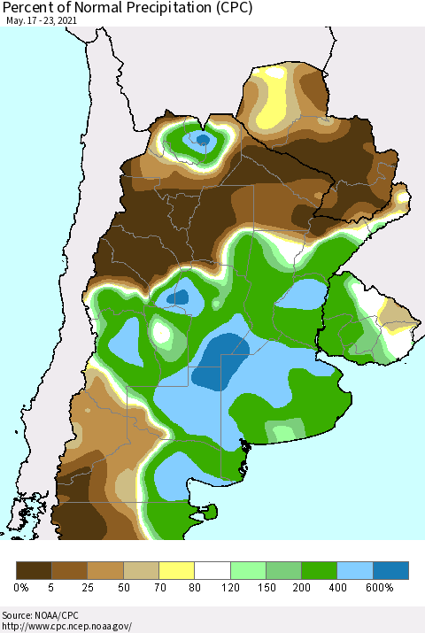Southern South America Percent of Normal Precipitation (CPC) Thematic Map For 5/17/2021 - 5/23/2021