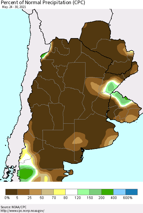 Southern South America Percent of Normal Precipitation (CPC) Thematic Map For 5/24/2021 - 5/30/2021