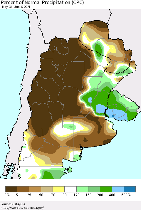 Southern South America Percent of Normal Precipitation (CPC) Thematic Map For 5/31/2021 - 6/6/2021