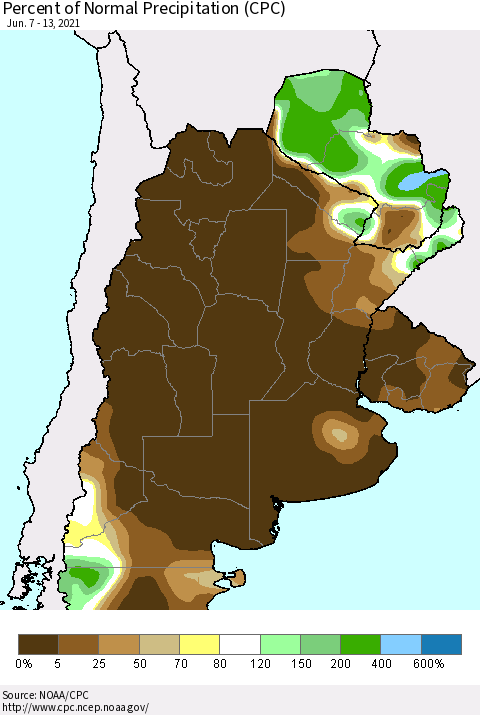 Southern South America Percent of Normal Precipitation (CPC) Thematic Map For 6/7/2021 - 6/13/2021