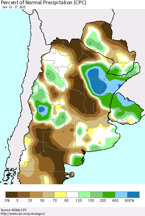 Southern South America Percent of Normal Precipitation (CPC) Thematic Map For 6/21/2021 - 6/27/2021