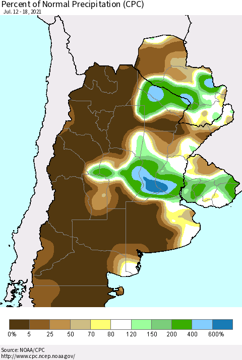 Southern South America Percent of Normal Precipitation (CPC) Thematic Map For 7/12/2021 - 7/18/2021