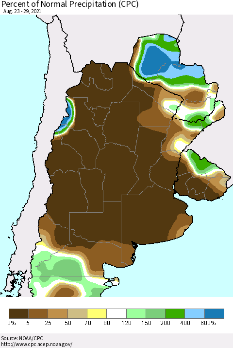 Southern South America Percent of Normal Precipitation (CPC) Thematic Map For 8/23/2021 - 8/29/2021