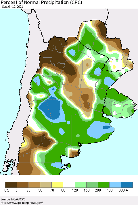 Southern South America Percent of Normal Precipitation (CPC) Thematic Map For 9/6/2021 - 9/12/2021