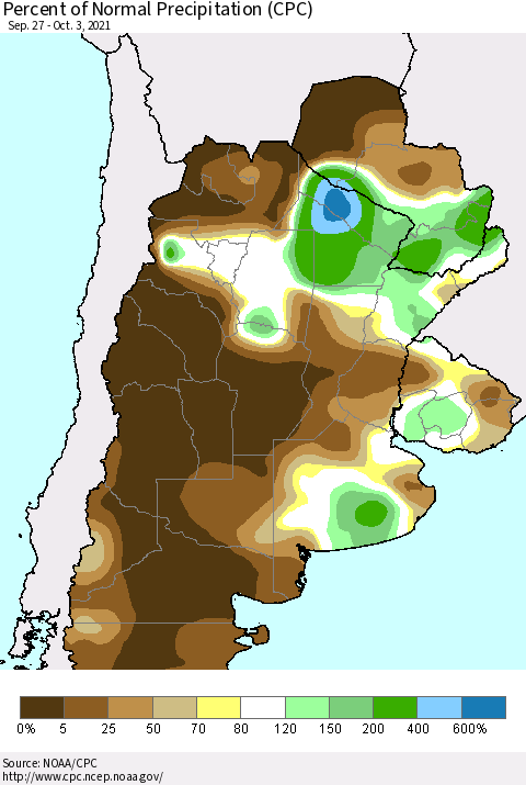Southern South America Percent of Normal Precipitation (CPC) Thematic Map For 9/27/2021 - 10/3/2021