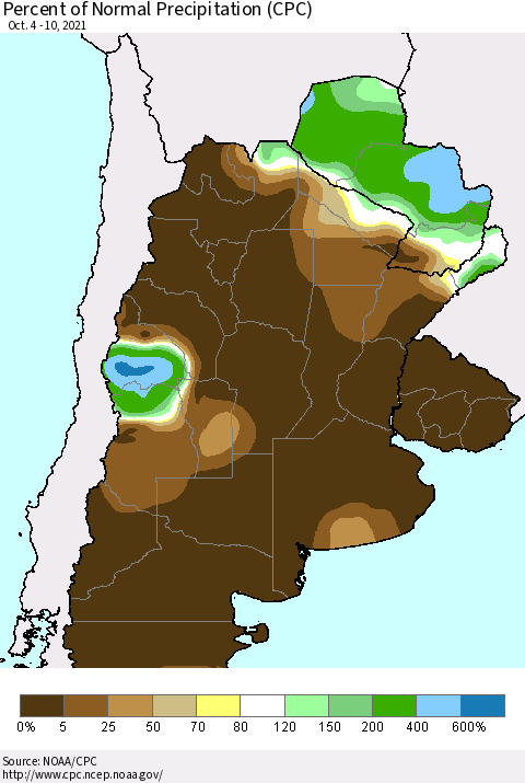 Southern South America Percent of Normal Precipitation (CPC) Thematic Map For 10/4/2021 - 10/10/2021