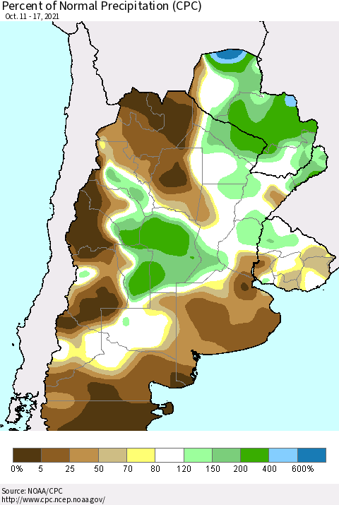 Southern South America Percent of Normal Precipitation (CPC) Thematic Map For 10/11/2021 - 10/17/2021
