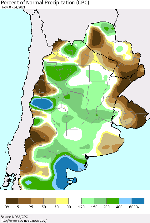 Southern South America Percent of Normal Precipitation (CPC) Thematic Map For 11/8/2021 - 11/14/2021