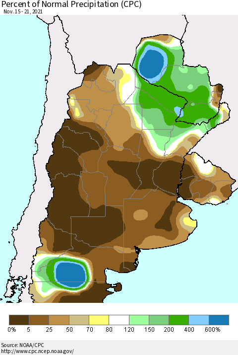 Southern South America Percent of Normal Precipitation (CPC) Thematic Map For 11/15/2021 - 11/21/2021
