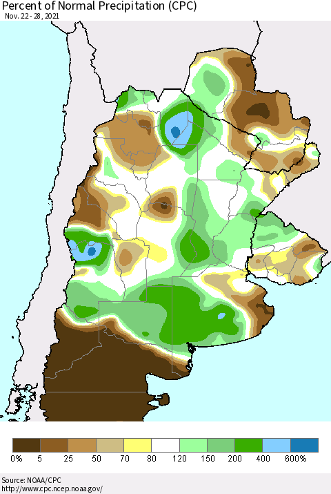 Southern South America Percent of Normal Precipitation (CPC) Thematic Map For 11/22/2021 - 11/28/2021