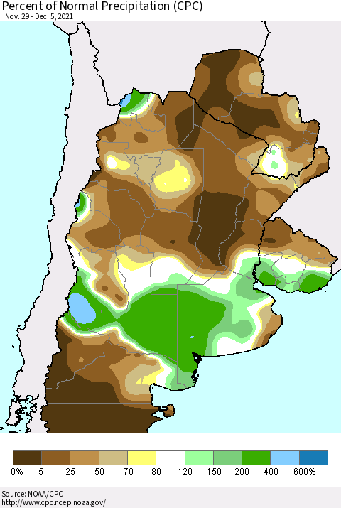 Southern South America Percent of Normal Precipitation (CPC) Thematic Map For 11/29/2021 - 12/5/2021