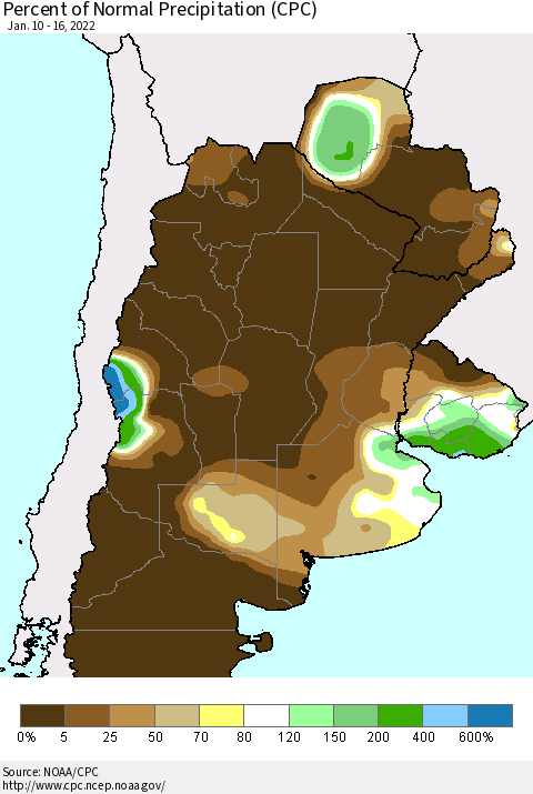 Southern South America Percent of Normal Precipitation (CPC) Thematic Map For 1/10/2022 - 1/16/2022
