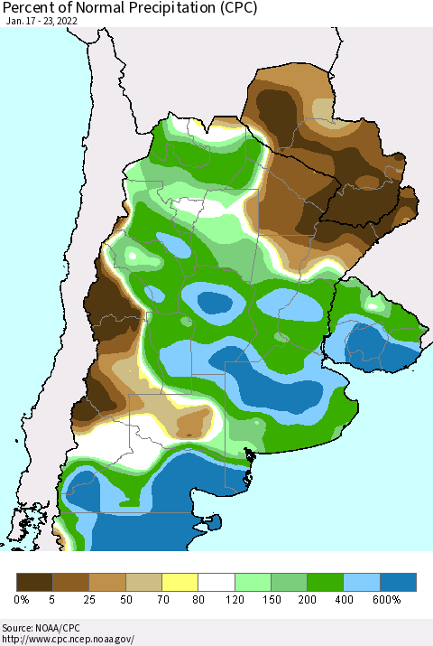 Southern South America Percent of Normal Precipitation (CPC) Thematic Map For 1/17/2022 - 1/23/2022
