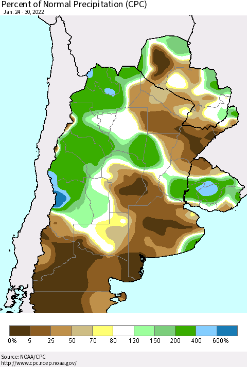 Southern South America Percent of Normal Precipitation (CPC) Thematic Map For 1/24/2022 - 1/30/2022