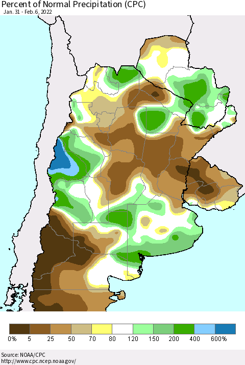 Southern South America Percent of Normal Precipitation (CPC) Thematic Map For 1/31/2022 - 2/6/2022