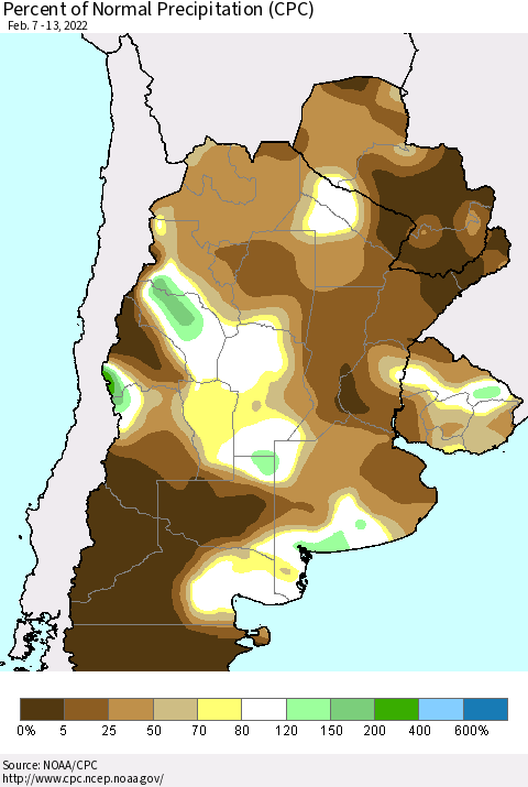 Southern South America Percent of Normal Precipitation (CPC) Thematic Map For 2/7/2022 - 2/13/2022