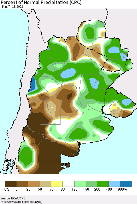 Southern South America Percent of Normal Precipitation (CPC) Thematic Map For 3/7/2022 - 3/13/2022