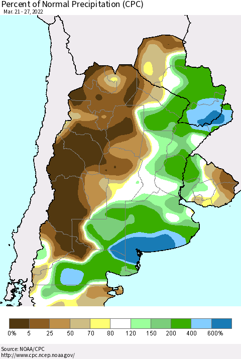 Southern South America Percent of Normal Precipitation (CPC) Thematic Map For 3/21/2022 - 3/27/2022