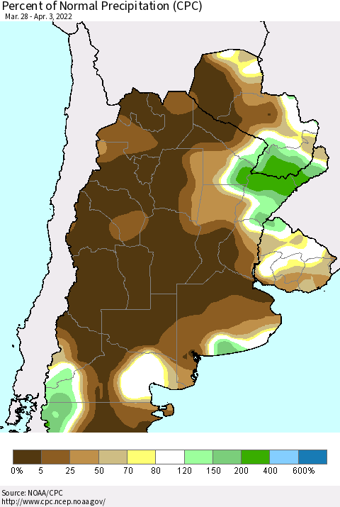 Southern South America Percent of Normal Precipitation (CPC) Thematic Map For 3/28/2022 - 4/3/2022