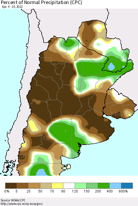 Southern South America Percent of Normal Precipitation (CPC) Thematic Map For 4/4/2022 - 4/10/2022