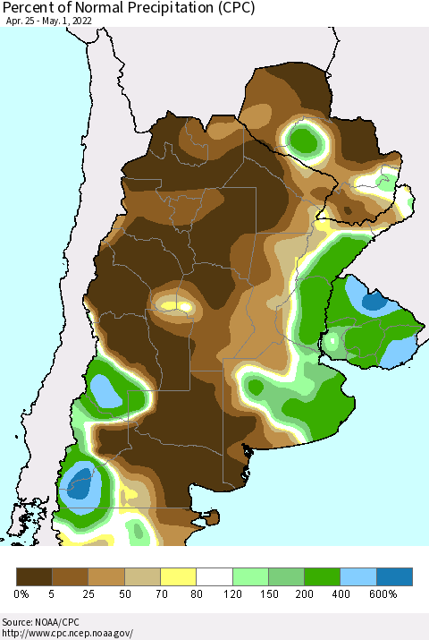 Southern South America Percent of Normal Precipitation (CPC) Thematic Map For 4/25/2022 - 5/1/2022