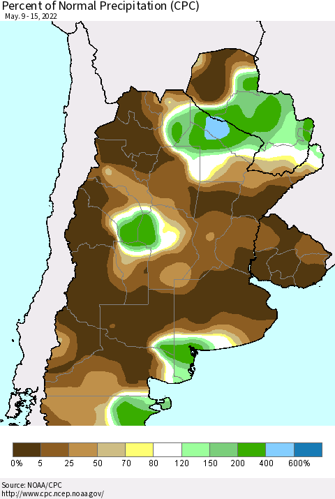 Southern South America Percent of Normal Precipitation (CPC) Thematic Map For 5/9/2022 - 5/15/2022
