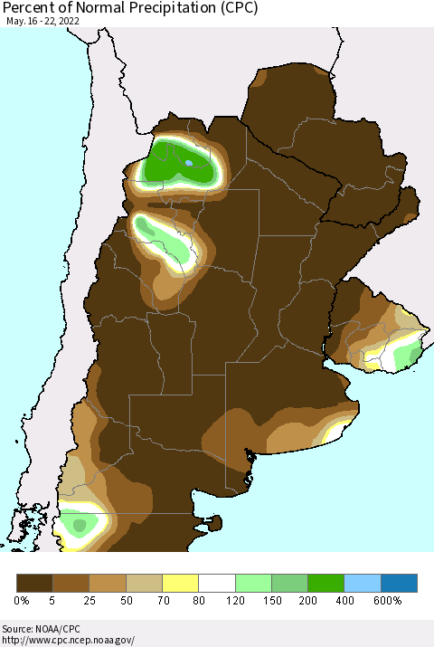 Southern South America Percent of Normal Precipitation (CPC) Thematic Map For 5/16/2022 - 5/22/2022
