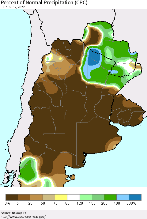 Southern South America Percent of Normal Precipitation (CPC) Thematic Map For 6/6/2022 - 6/12/2022