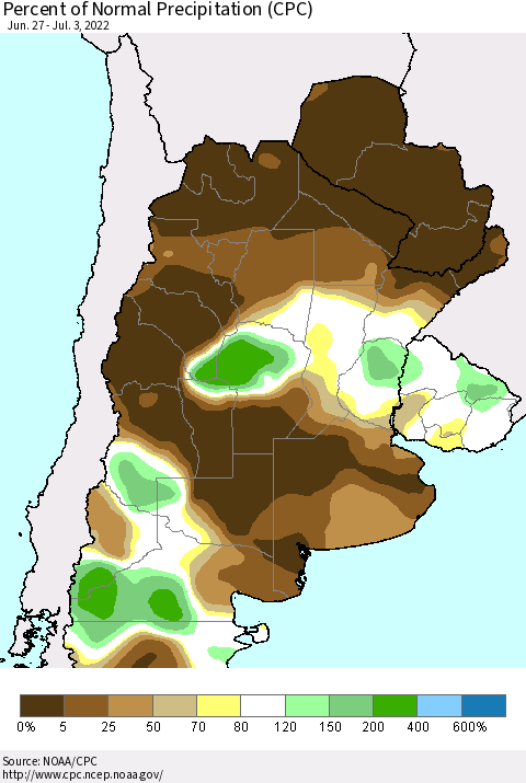 Southern South America Percent of Normal Precipitation (CPC) Thematic Map For 6/27/2022 - 7/3/2022
