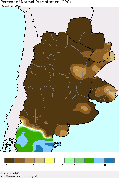 Southern South America Percent of Normal Precipitation (CPC) Thematic Map For 7/18/2022 - 7/24/2022