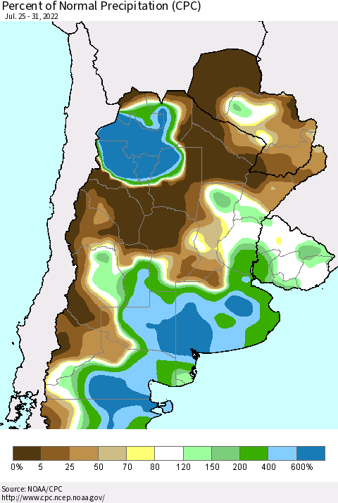 Southern South America Percent of Normal Precipitation (CPC) Thematic Map For 7/25/2022 - 7/31/2022