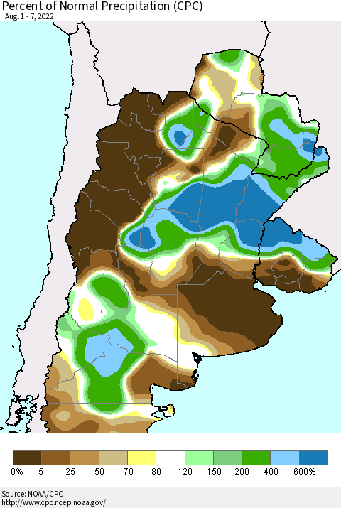 Southern South America Percent of Normal Precipitation (CPC) Thematic Map For 8/1/2022 - 8/7/2022