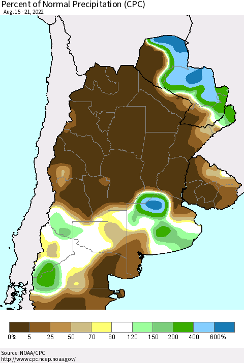 Southern South America Percent of Normal Precipitation (CPC) Thematic Map For 8/15/2022 - 8/21/2022