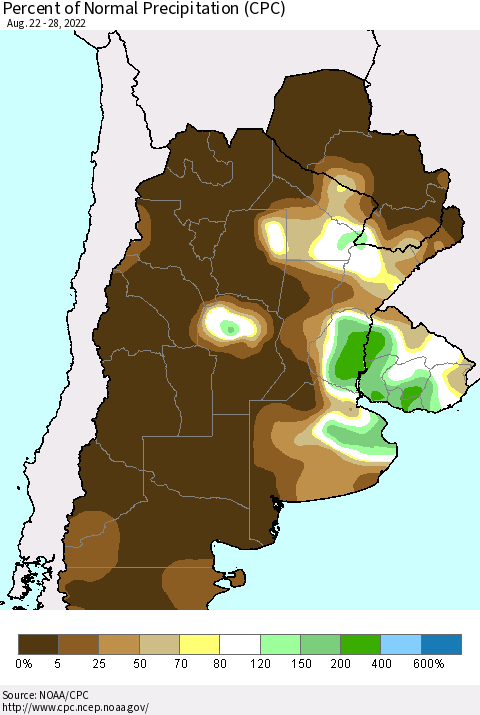 Southern South America Percent of Normal Precipitation (CPC) Thematic Map For 8/22/2022 - 8/28/2022