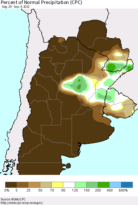 Southern South America Percent of Normal Precipitation (CPC) Thematic Map For 8/29/2022 - 9/4/2022