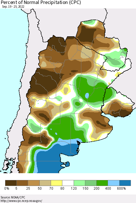 Southern South America Percent of Normal Precipitation (CPC) Thematic Map For 9/19/2022 - 9/25/2022