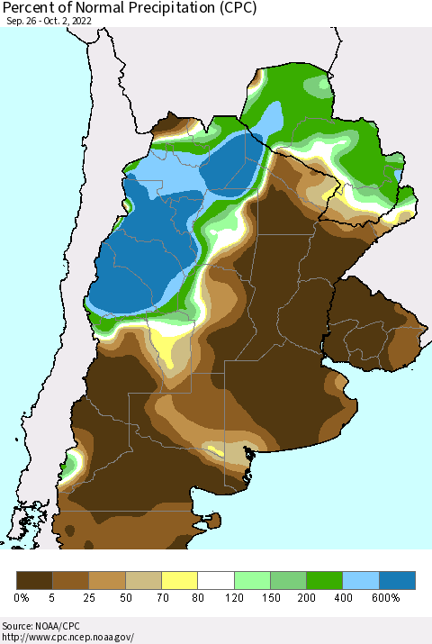 Southern South America Percent of Normal Precipitation (CPC) Thematic Map For 9/26/2022 - 10/2/2022