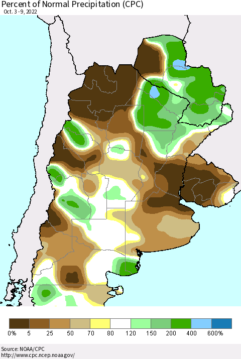 Southern South America Percent of Normal Precipitation (CPC) Thematic Map For 10/3/2022 - 10/9/2022