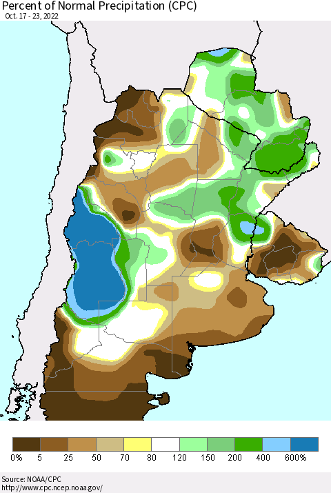 Southern South America Percent of Normal Precipitation (CPC) Thematic Map For 10/17/2022 - 10/23/2022