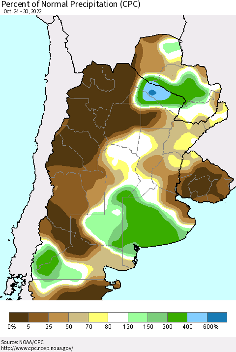 Southern South America Percent of Normal Precipitation (CPC) Thematic Map For 10/24/2022 - 10/30/2022