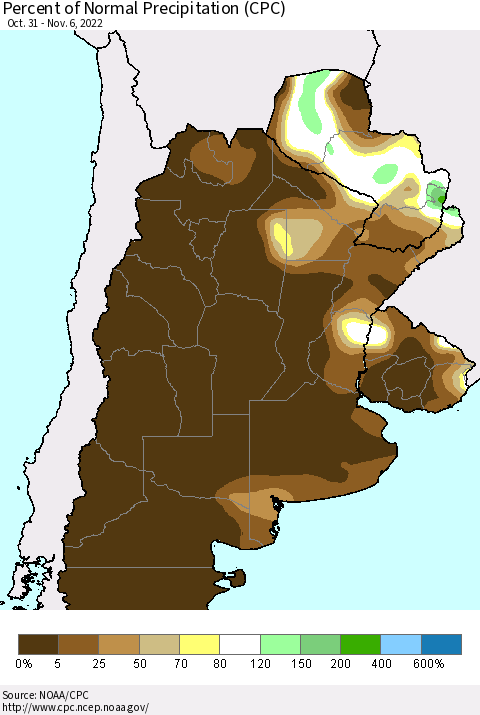 Southern South America Percent of Normal Precipitation (CPC) Thematic Map For 10/31/2022 - 11/6/2022