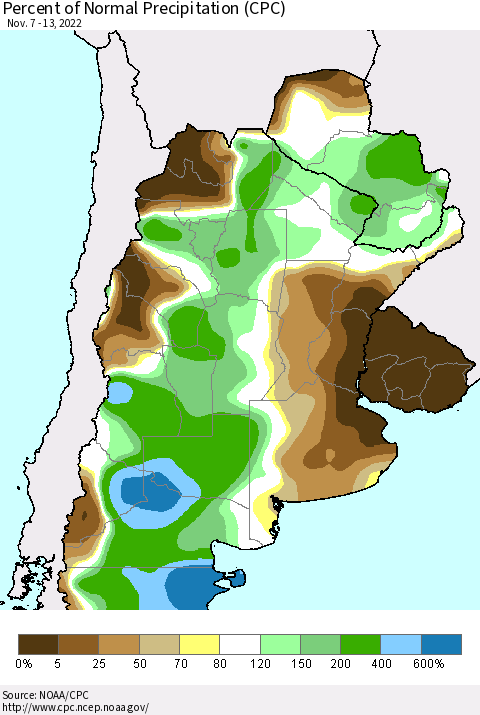 Southern South America Percent of Normal Precipitation (CPC) Thematic Map For 11/7/2022 - 11/13/2022