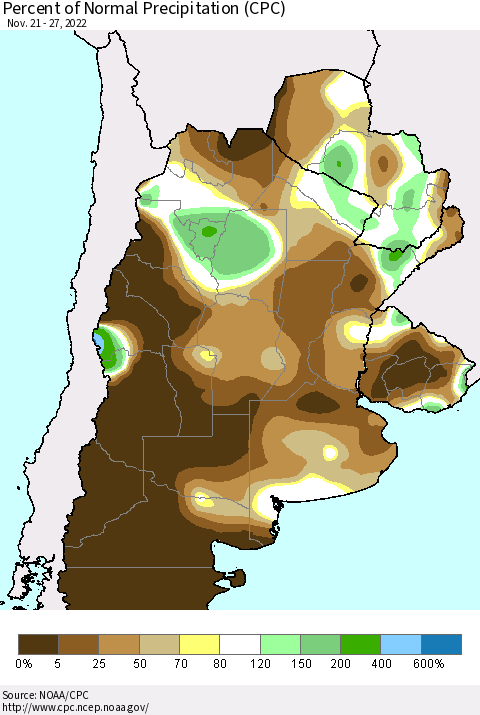 Southern South America Percent of Normal Precipitation (CPC) Thematic Map For 11/21/2022 - 11/27/2022